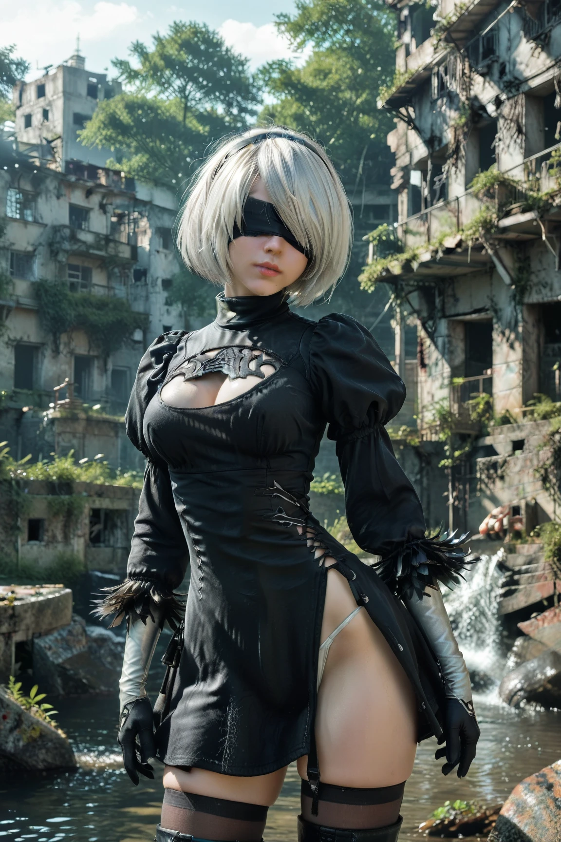 2B Nier Automata,Bobcut, Gray Hair,Long sleeve, Juliet Sleeve, White gloves, turtleneck, bangs, Feather ornament, Feather ornament sleeves, Blindfold, Black Goth Dress,Japanese Ultra HD,super high quality,masterpiece,Digital SLR,Photorealistic,Detailed details,Vivid details,Depicted in detail,A detailed face,Detailed details,Super Detail,Realistic skin texture,Anatomical basis,Perfect Anatomy,Anatomically correct hand,Anatomically correct fingers,Complex 3D rendering,Sexy pose,Rainy Sky,Beautiful scenery,Fantastic rainy sky,Fantasy worldview,Picturesque,Pink Lips,Black butterfly々Fluttering,A ruined world,A devastated battlefield,ruins,