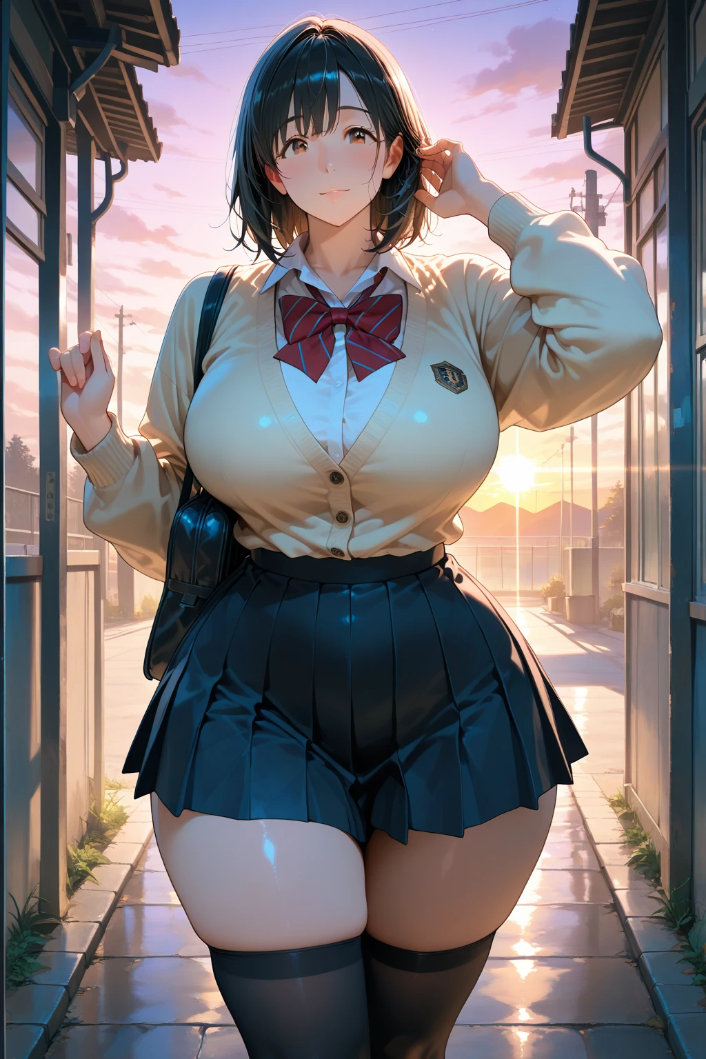 Anime girl with glasses and black dress standing on the sidewalk, Half Yamada, a hyperRealistic , Anime Moe Art Style, hyperRealistic , Gwaiz, , Enchanting anime girl, Beautiful anime girl crouching, Realistic , Anime girl in a black dress, artwork in the style of Gwaiz, chic,(masterpiece), (One serious civil service commissioner: 1.3), (Super thick and plump body: 1.3), (Huge breasts and buttocks)), (Small Head: 1.2), (Very small uniform)), (Shiny skin: 1.2), (A speech while crouching in the stands in the schoolyard in the morning)), {fat},1boy, penis, doggystyle, from behind, spreadassms, chubby body, fat body, short,ultra detailed, masterpiece, best quality, blush, a woman, rolling eyes, open mouth, school girl, wearing , wearing glasses, classroom, sunset, light particles, hdr, brown grey hair, midium wavy hair, shiny hair, bang, single braid, clear grey eyes, Smiling Kiss, Tongue Out, アニメ ,orgasm face, sexual climax, bitch, back shot, back view, low angle, from below, back view, arched back, looking back, all fours, chubby body, BIG ASS , saliva, BBW, slender waist, anal, seiza, hands on head,white eyes, Hand Drawn, Showing Ass, Bobcut, Knee socks, (Super thick and plump body: 1.3), Butt sticking out, Close your legs, seiza, spread legs, pleated skirt, Stretch your arms back, long pleated skirt, I can't see your butt, Buttocks hide, Arms folded behind back, Super big butt, Awesome numbness , {Plump} , Chubby, Butt sticking out,