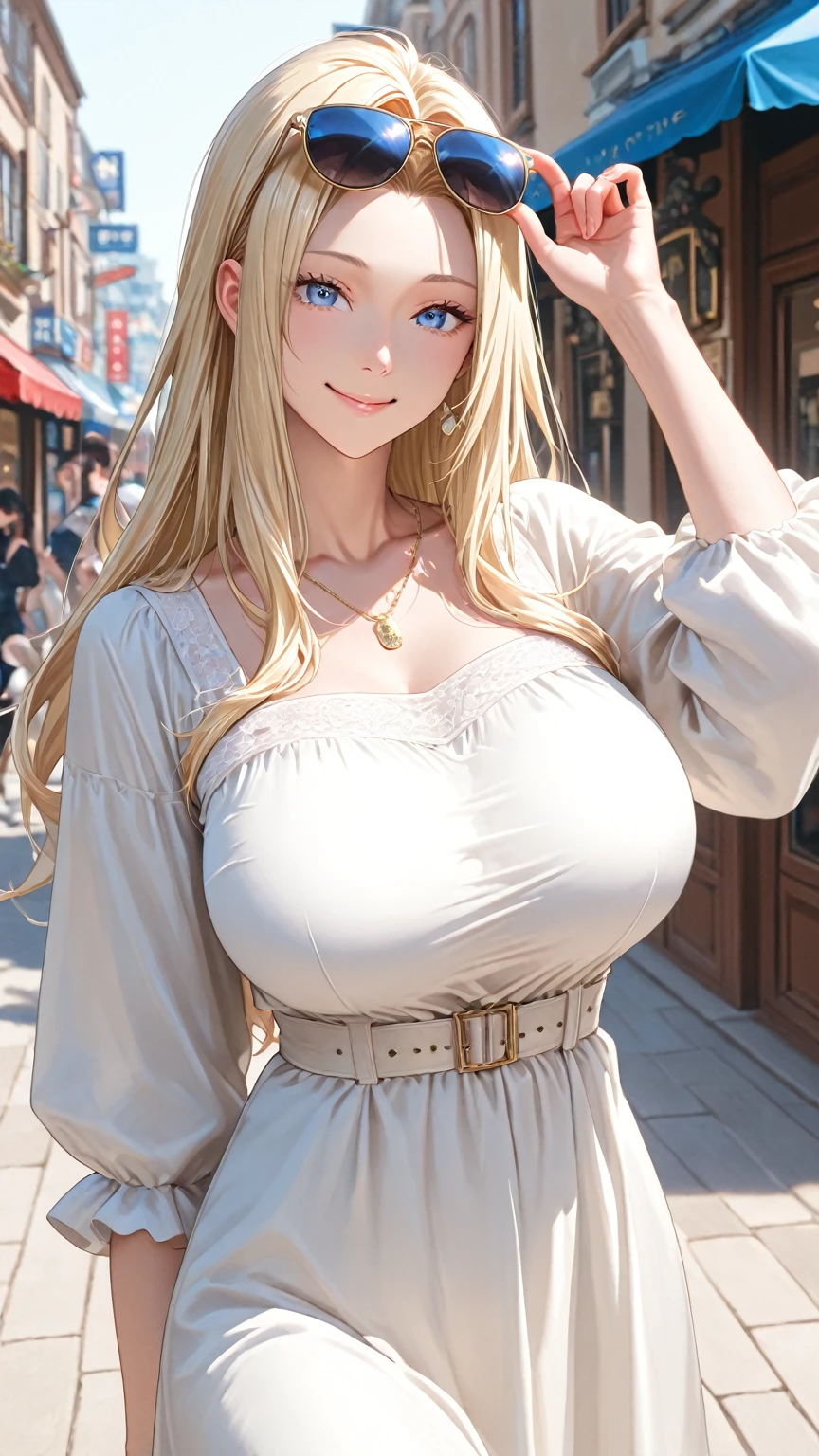 (masterpiece, best quality, ultra detailed, absurdres, cowboy shot)1.5, 1girl, (sexy, beautiful woman, perfect face, perfect eyes, perfect female body)1.5, (ElizaPerlman, single horn hair ornament, long hair, wavy hair, blonde hair, blue eyes, mole under mouth, extremely detailed clothes, smile, yellow sundress, outdoors, day, summer, 