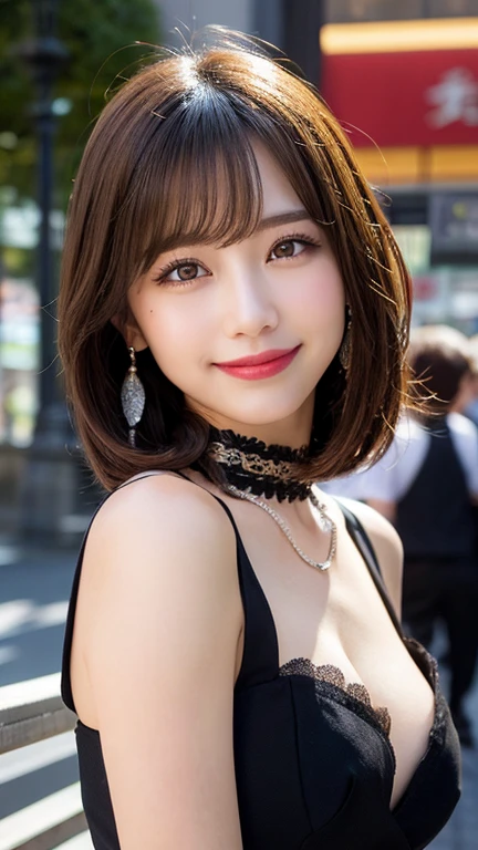 ((masterpiece, Highest quality)),1 girl, alone,have, hyper Realistic, Realistic,Realistic, Looking at the audience, Very light brown eyes:1.6,Highly detailed shiny hair brunette short bob hairstyle:1.6, Brightly colored winter clothes, lips, bangs,Mouth closed, Upper Body、Big eyes、eyelash、({Huge|big|Huge|mega} chest:2, Chest cleavage:2)、(((bangsのあるshort hair:1.6、short hair:1.6、Big eyes、A major highlight for students、large full chest、Looking at the audience、She is very beautiful and cute、Show me your ears、Long neck、Please close your mouth and laugh、Beautiful Teeth、bangs:1.6)))、Ideal body type、（Very simple red background:1.8）