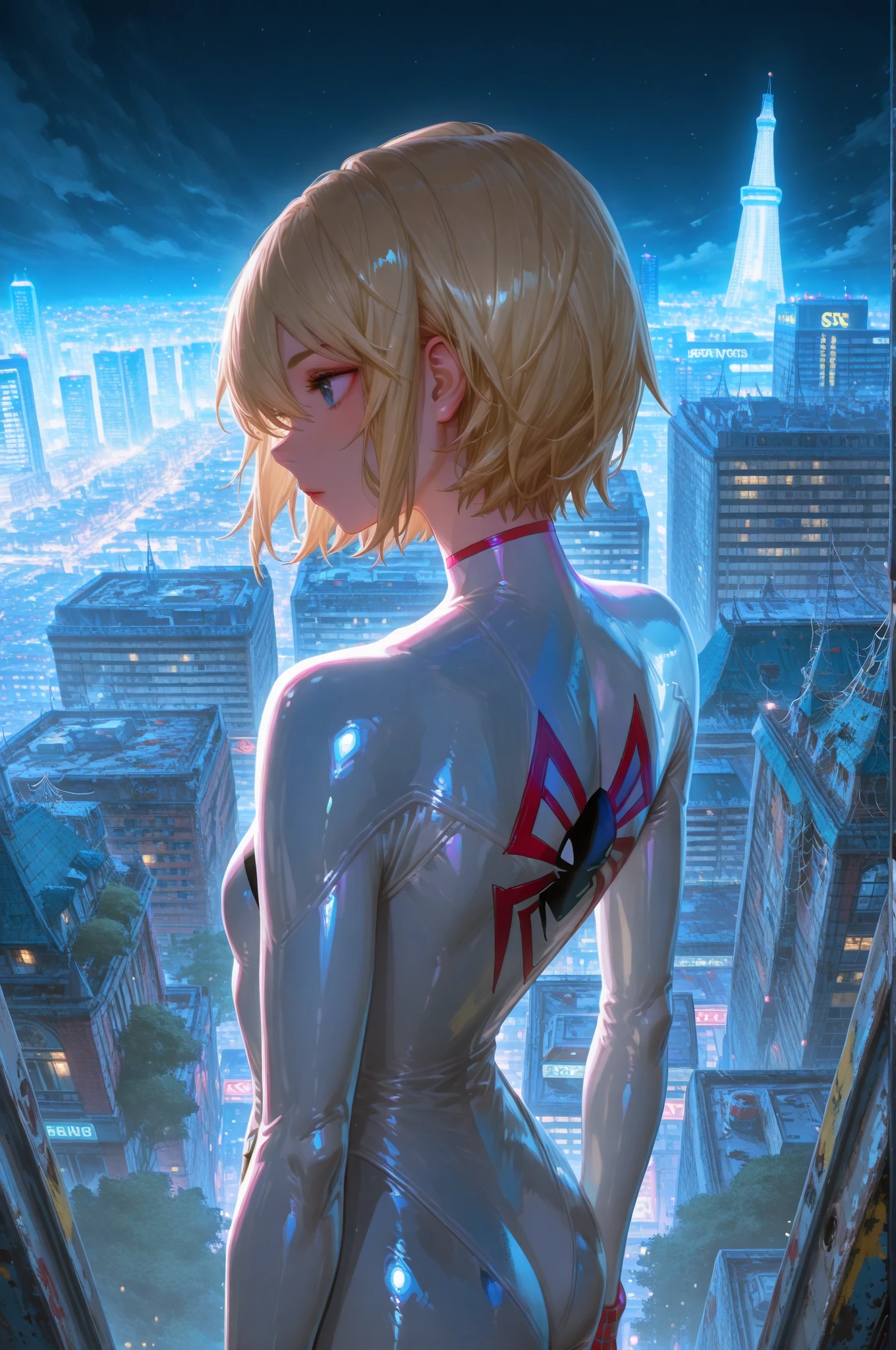 blond haired woman in a pink and white costume sitting on a ledge, ( ( spiderwoman ) ), cyber suit, gwen stacy, inspired by Yanjun Cheng, yanjun chengt, ross tran 8 k, realistic cosplay, spider - gwen, spider-gwen, spider gwen, cybersuit, futuristic style spiderman, perfect android girl, cybersuits