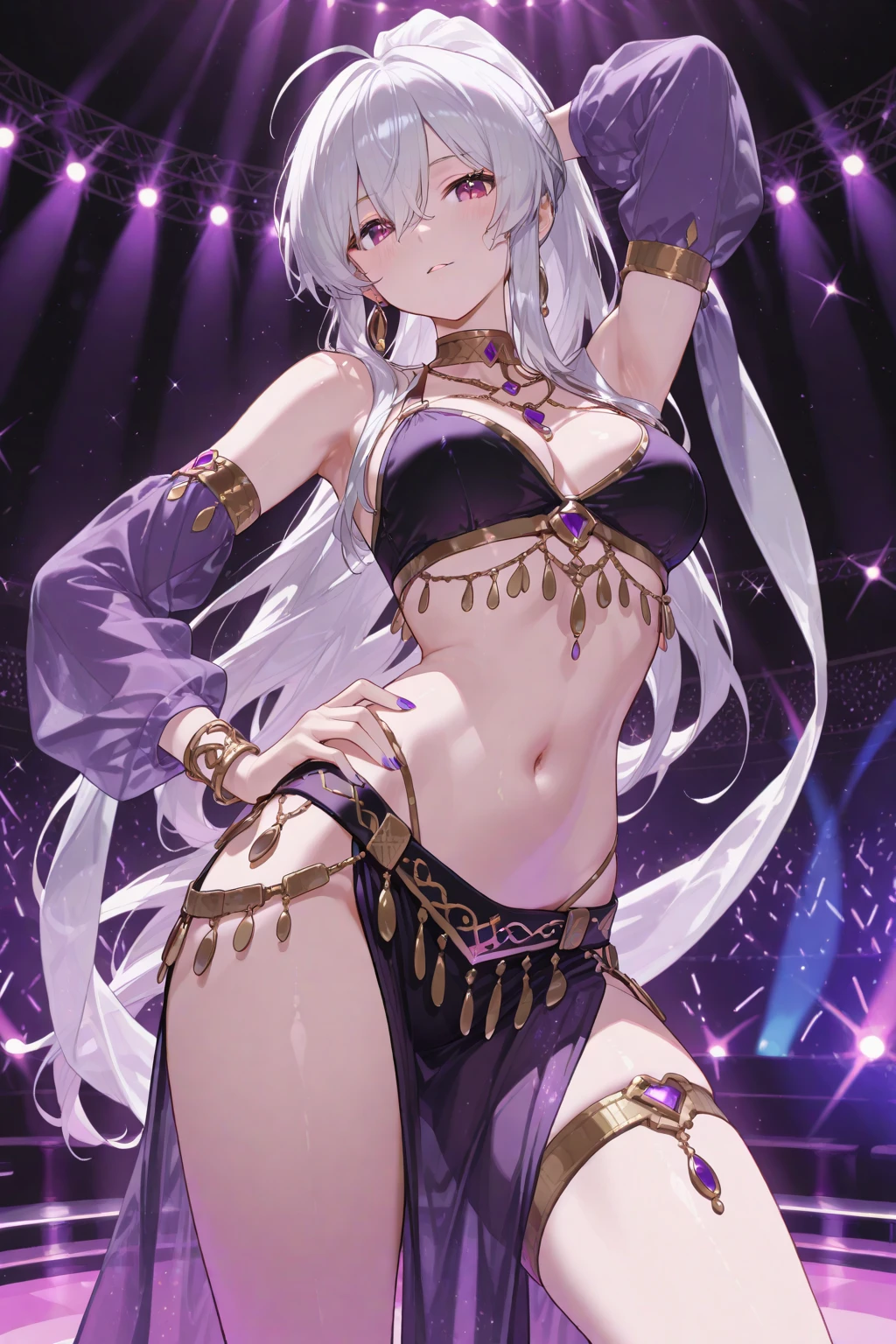 Draw me a mature a woman Is dancing On stage,she had a long silver hair and red eyes,she wearing a belly dancer dress from egyptian,scenery behind her is beautiful festival