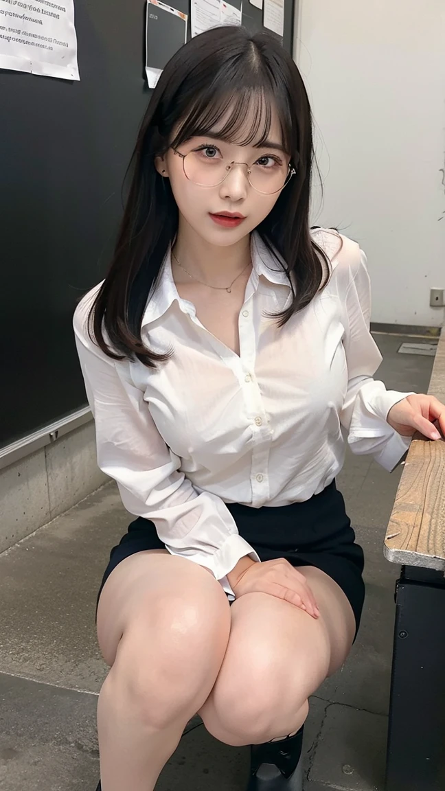 Beautiful teacher. White skin, long untied black hair, black eyes, big breasts. Wears pink underwear, gray teacher shirt, black skirt, and black glasses. scene of sitting on the toilet. 4k, realistic.