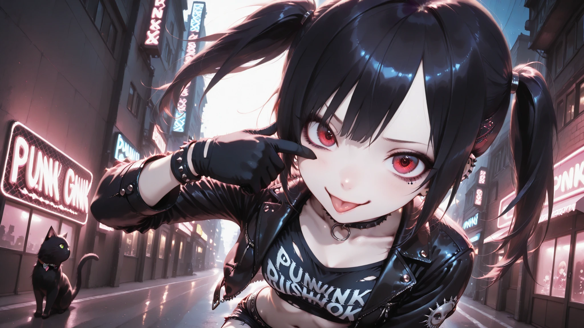 A gal girl who stuck out her tongue. Twintail hairstyle. Unusual fashion. No background. Octane rendering style. 2.5D art.