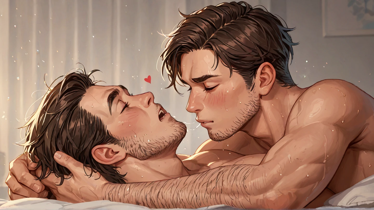 ( Absurd , High quality , ultra detailed, careful to hand drawing ) two men , mature , gay couple , lying in bed , sweat , whole body, man shoulder length hair, black hair, dark blonde hair, kissing, make out, naked