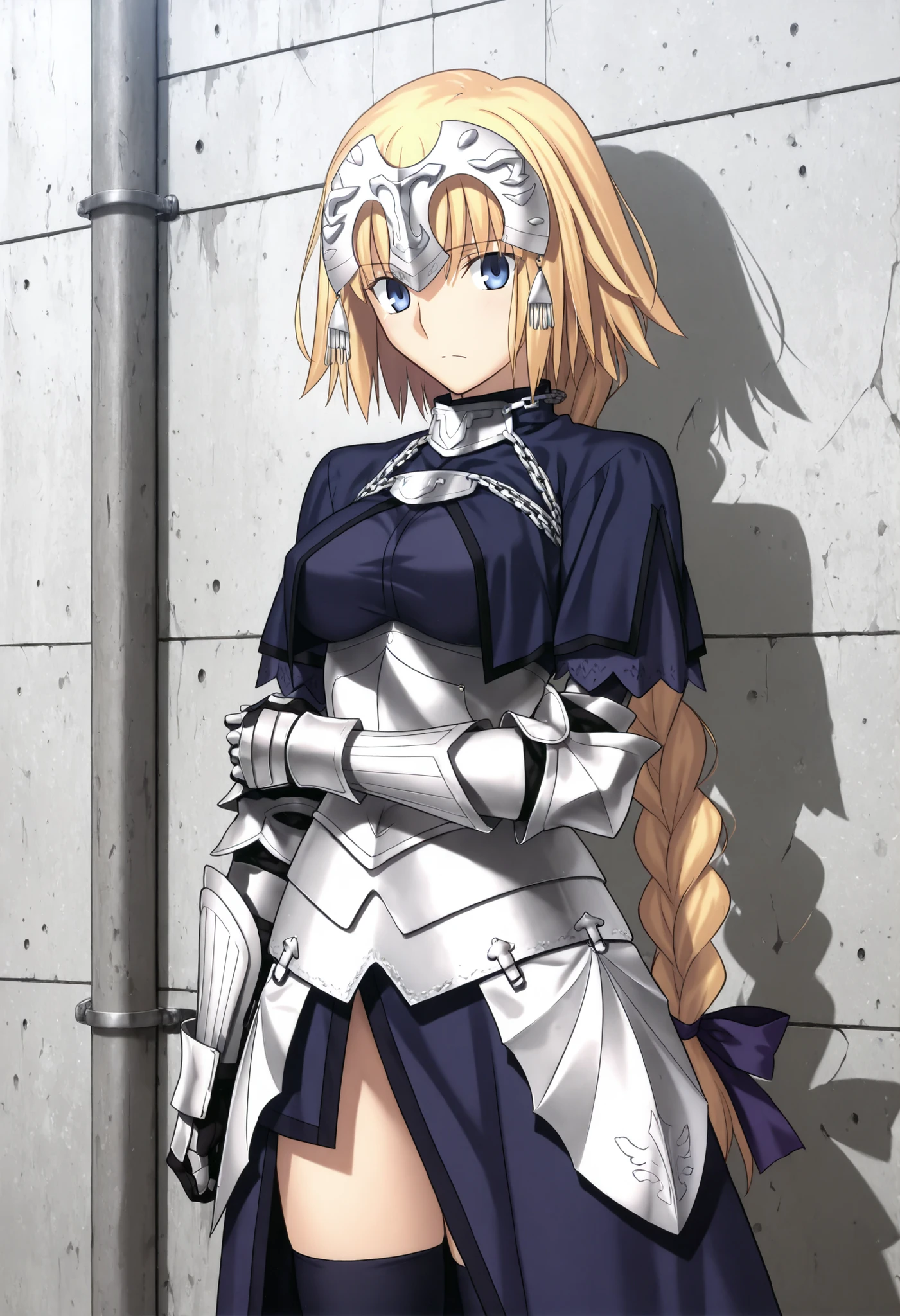 masterpiece, , absurdres, highres, detailed background, high resolution, masterpiece, necessary, detail, best quality, quality, necessary, details, High details, Precise, , , outdoors, , (cowboy shot), ((light gray concrete wall)), (cinematic light), , solo,
1girl, , Takeuchi Takashi (type-moon,tsukihime) style, takeuchi takashi style, (hold own arm, ), ,(),seriously, ,
girl, slim arms, jeanne d arc, \(fgo\), blue eyes, jeanne d arc, blonde hair, medium hair, , single braid, ((very big braid, huge braid)), , armor, armored boots, armored dress, black gloves, black thighhighs, braid, dress, gauntlets, gloves, headpiece, blue dress, single braid, medium breasts, , looking at viewer,,
