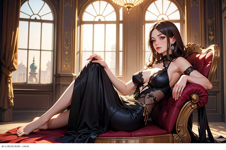 Mulher Italiana, Mafia boss, elegante e luxuosa, sitting on a red sofa, homens ajoelhados ao seu lado. (Melhor qualidade, Dark particles,ultra hd)