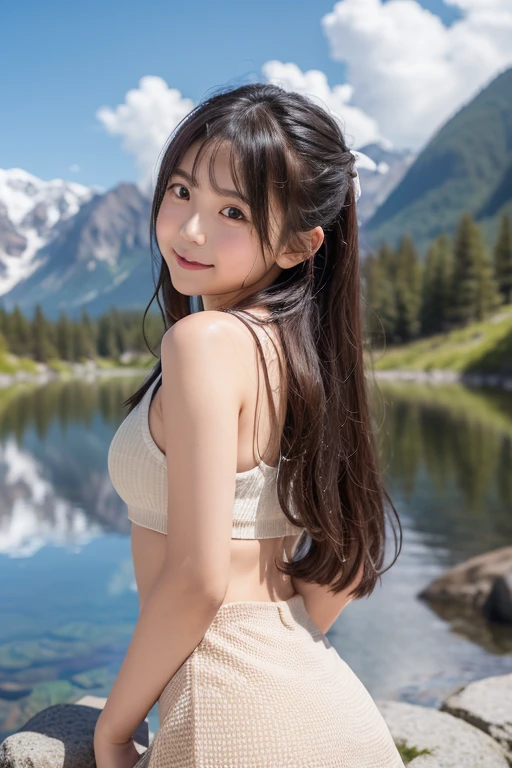 (Ultra Realistic), (Illustration), (High Resolution), (Best quality, 8K), (Best Illustration), (Beautiful Detailed Eyes), (Best Quality), (Ultra Detailed), (Masterpiece), (Wallpaper), (Detailed Face), Solo, (micro bikini), Japanese, (perfect body), (slim), (large perky tits, cleavage), (bangs, long hair in ponytail), (whole body visible), (back facing), (long legs), (winter background, outdoors, scenery, snow and lake)