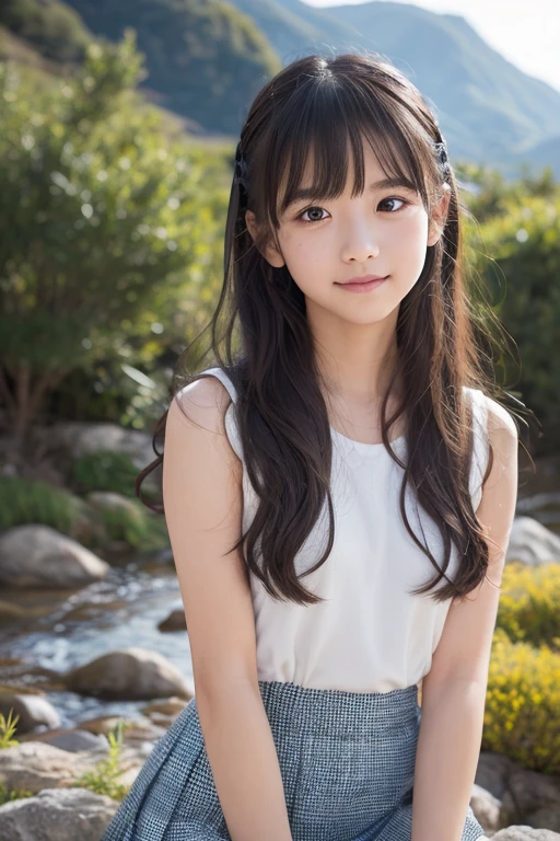 highest quality, High resolution, realistic pictures, detailed skin texture, Cute 12 year old Japan girls, view audience, slim body shape, Attractive gaze, Fair skin, baby face, (flat chest:1.2), long straight hair, (loli:1.2), smile showing teeth, In the park with cherry blossoms falling, Short white camisole