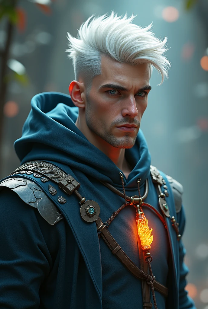 Generate a character in 3D style, He has white hair with blue eyes ...