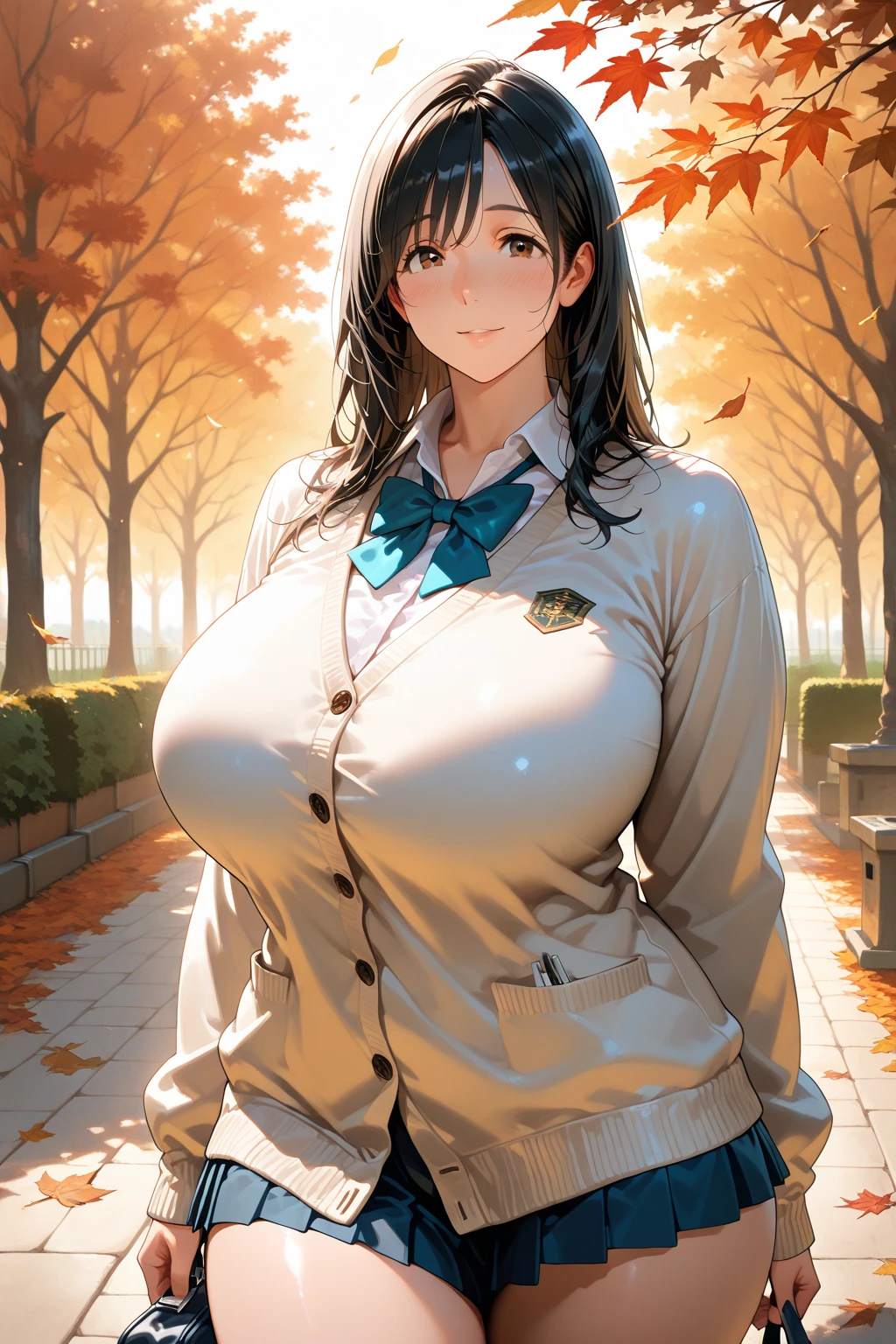 (((lovelive! school idol project,))) (((lovelive!,))) (((Kanata Konoe,))) (((love live! style,))) purple eyes, orange brown hair, long Hair, wavy hair, splash curl hair, , blue pleated shirts, open light yellow cardigan,  blue check skirt, 1 girl, long bangs between eyes, (((huge breasts,))) Under the breasts, ((black thighhighs,)) one eye closed, closed mouth, gleaming skin, glistening skin, oil skin, ((see-through,)) light smile, ((wet,))