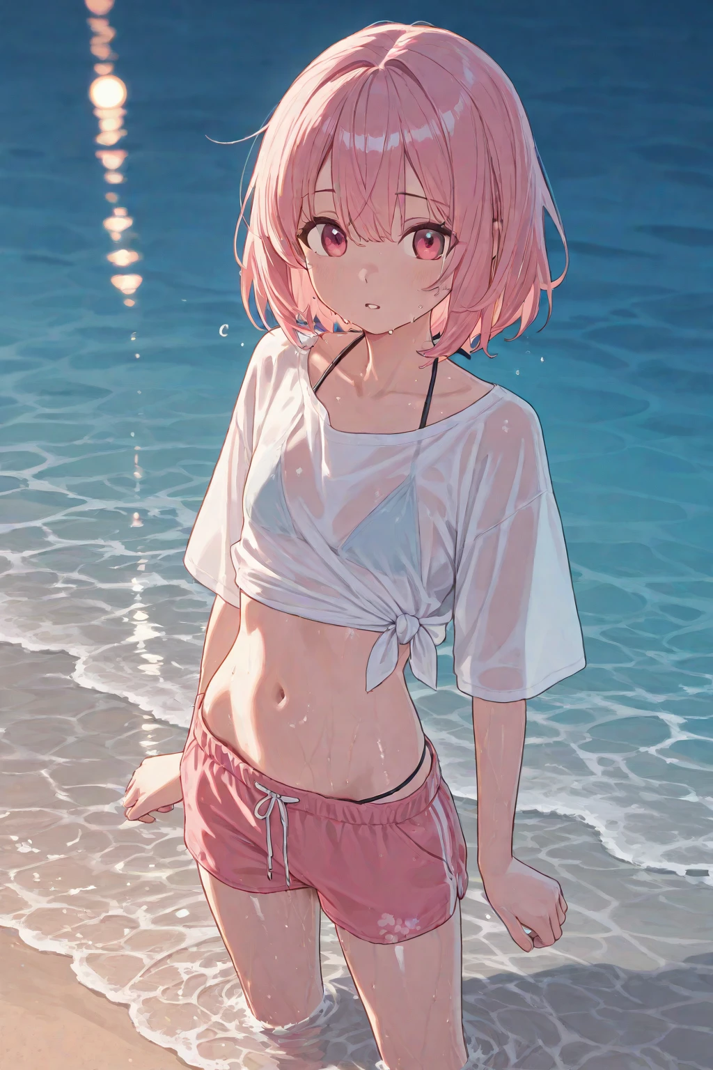 1Blittle girl，White color blouse，Superskirt，cabellos largos dorados，Summer clothing，nudegirl，showing white panties，Bikini swimsuit