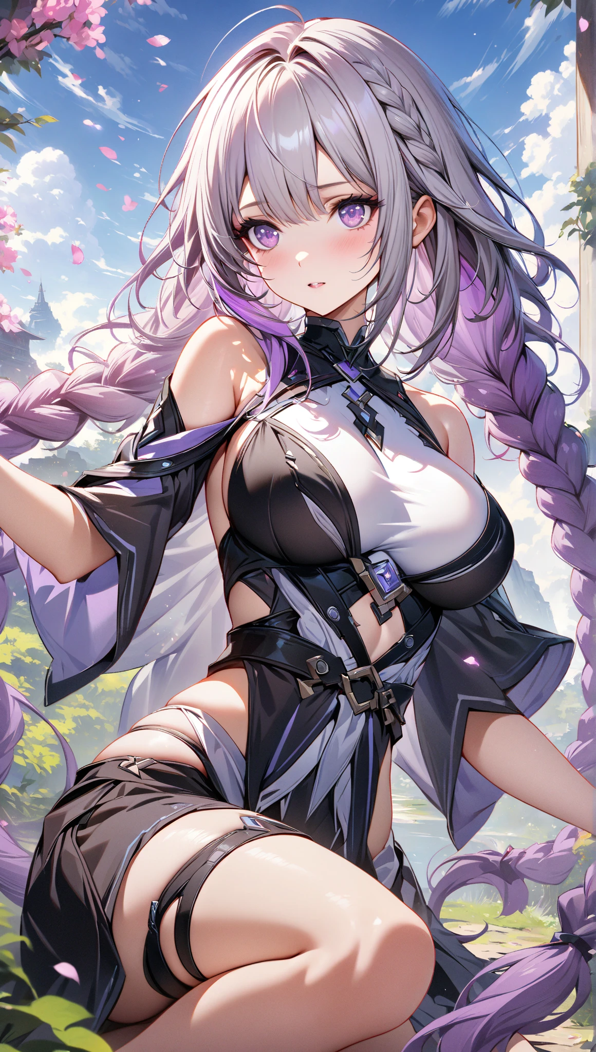 nature, Sky, cloud, Delicate petals falling in the air ,Ultra Detailed , yinji , 1 Girl, purple hair,purple eyes,very long hair,grey hair,double braid,large breasts,gradient hair, Look up at the sky and smile, Beautiful Face, masterpiece, best quality, (Highly detailed CG Unity 8k wallpaper) (best quality), (Best Illustration),