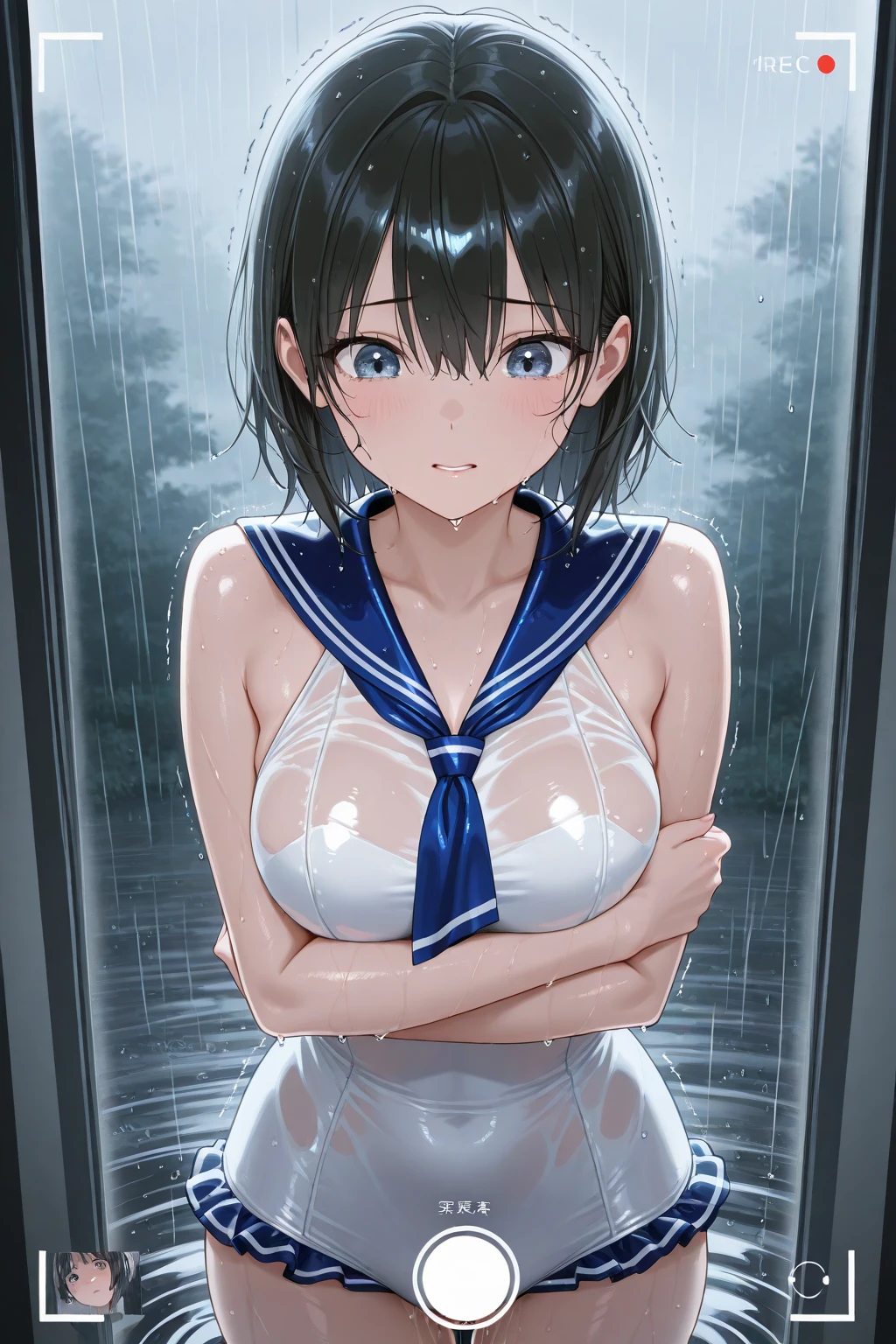 1girl, nsfw, sajouayaka, black hair, short hair, Blue eyes, glasses, large breasts, , , empty eyes , large breasts, nipple, , Peeing, lactation, projectile lactation, contemporary art museum, angular façade, sweeping curves, natural lighting, extensive galleries, frozen, wet, crying ,, Naked, , (1girl) ,solo