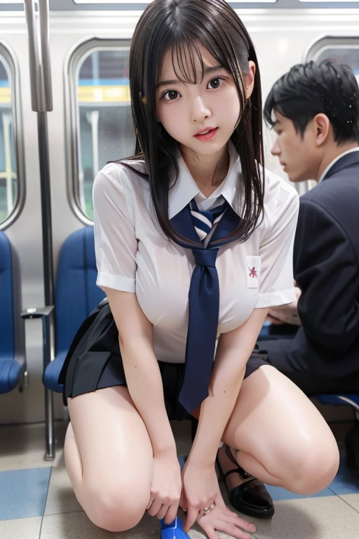 8K, RAW portrait of (japanese woman),masterpiece、Photoreal:1.3、realistic, ultra high resolution, highest quality, real life photos,cinematic lighting,(Night:1.1),(show pussy:1.2)、(visible hairy pussy:1.1)、((On the crowded train)),e235,train,interior,scenery,seat,reflection,window,reflective floor,poster (object), many passengers,⠀
((((1 girl:1.5)))), (High school girl lifts up her skirt on the crowded train and shows off your pussy:1.4)、(cute face:1.3)、Japanese 1 girl,((1 Japan High School Girls))、((1 real high school girl))、((Japan High School Uniforms:1.6))、 (black short bobcut),(Depth of written boundary:1.3)、 ((dark brown eyes:1.2))、(real skin texture:1.3)、(An immersive atmosphere:0.8、chiaroscuro:1.2) 、(look viewer:1.3)、((embarrassed look:1.3))、((red cheeks:1.1))、((from belowの天井:1.2)),(beautiful pink pussy),(spreads pussy)、((Woman rolling up her skirt))、((from below:1.19))、((close up on pussy:1.15))、(Emphasis on pussy)、The cutest girls in the world、((spread your legs to the side:1.4)),big smile,(spotlight on pussy),(front lighting),(Creampie,cum,cum in pussy,cumdrips:1.3),⠀
