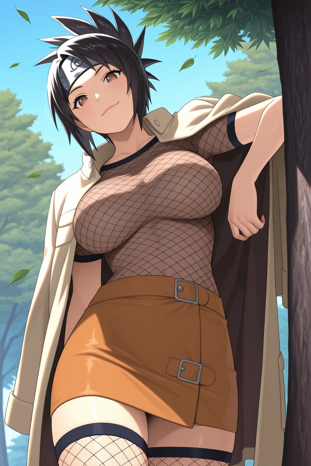 (best quality,4k,highres:1.2),ultra-detailed,(realistic:1.37),Anko Mitarashi from the anime Naruto,full-height body with clear details,emphasized eyes,ample bust,long legs,dark purple short hair,forehead protector,black mesh top,open black jacket,dark purple shorts with fishnet stockings,black boots,posing confidently in a dynamic stance,standing in a forest backdrop with sunlight filtering through the leaves,exuding an aura of strength and determination,anime-style vibrant colors,soft lighting to highlight her features and create a sense of depth
