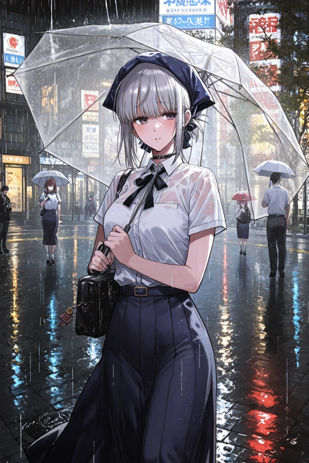 1girl,alone,saki Kawasaki,masterpiece, (best quality: 1.3), 8K, wallpaper, depth of field, beautiful detailed eyes, (1 girl, ponytail, ponytail, (wet clothes, transparent: 1.2), (white shirt), wet, closed mouth, smile, cityscape, (gray sky, rain:1.3), medium breasts, (plaid skirt), looking at viewer), medium breasts, wide hips, wide thighs
