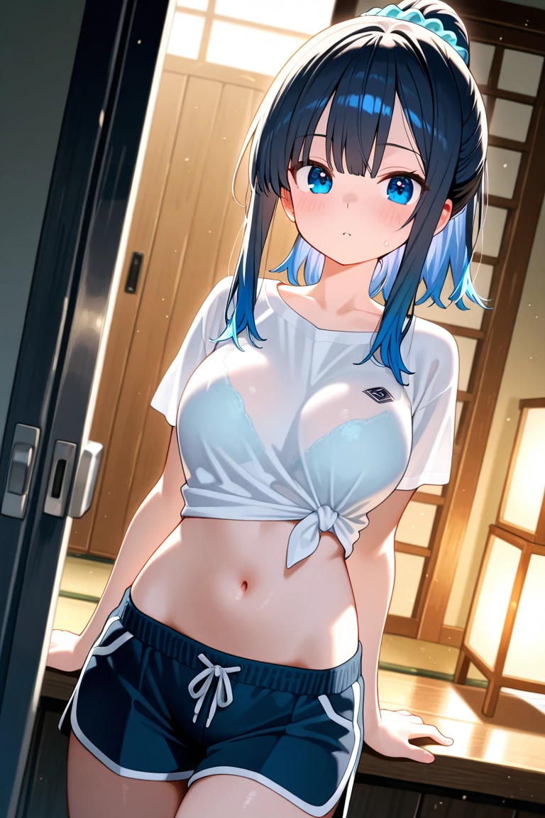 absurdres, highres, best quality,bright, <lora:electric-fan:1> (electric fan:1.4), tsushima yoshiko, purple eyes, blue hair, single hair bun,<lora:YohaneLL_v1:0.6:CHAR> , long hair, standing, clothes lift, wind lift, wind, floating hair, sundress, indoors, window, sunlight, large breasts, close-up,no panties, panties pull, pussy,closed eyes, sweat, sweatdrop, lifted by self, navel, from below, white dress,