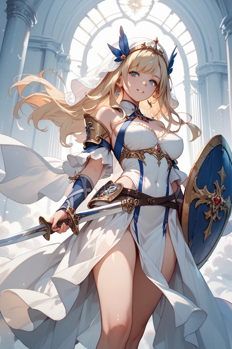 (masterpiece, best quality, great:1.2), CG, illustration, cute face, kawaii,1girl, solo, shiny hair, shiny skin, blond long hair, straight hair, laugh, BREAK, blue eyes, BREAK, (Standing Upright), natural hand poses, (face and body straight at the camera:1.3), (cowboy shot), tall stature, medium breasts, medium ass, elegance,, Holy Knight, (a large great sword), BREAK, elegant white mini dress, BREAK, (equipped with gold chest armor, arm armor, waist armor), (fantasy world:1.4), castle, outdoor,