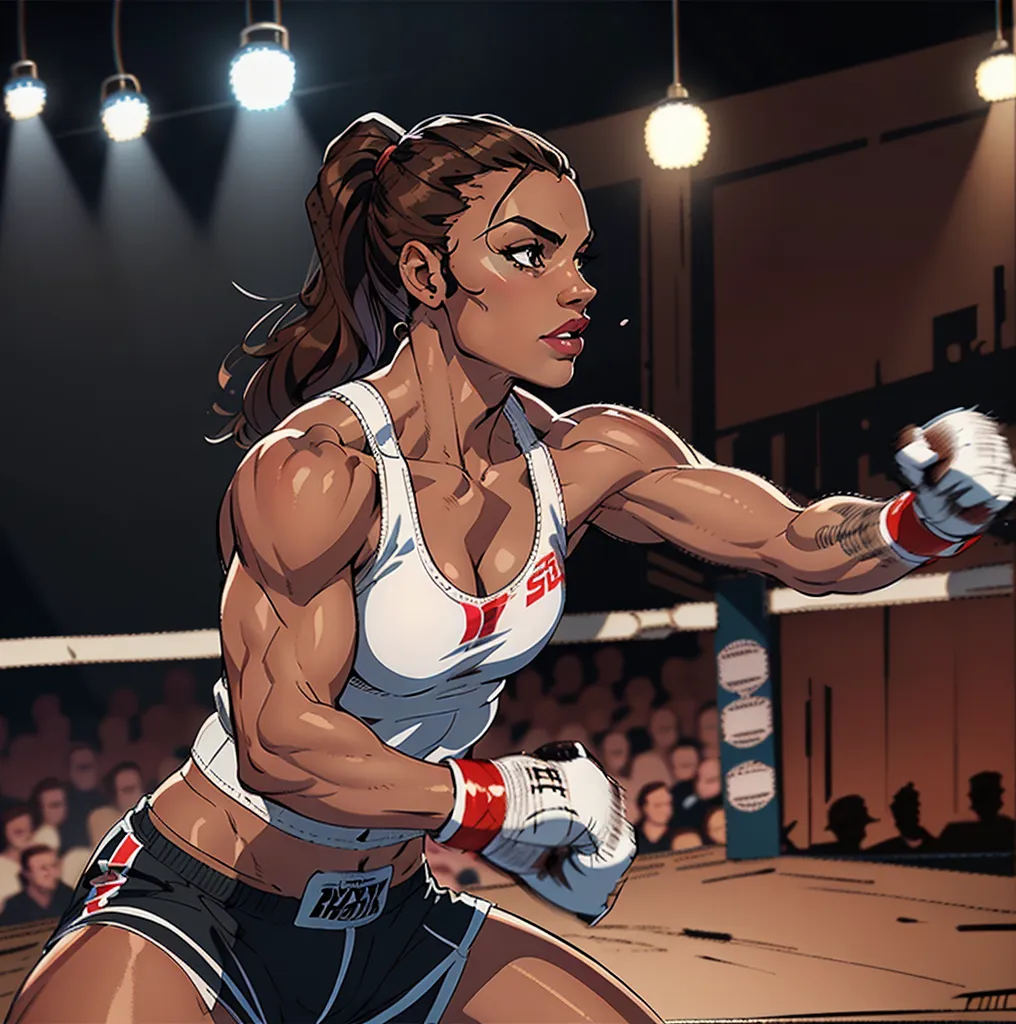 getting punched by someone, backside view, black woman, inside collage boxing stadium, boxing ring, black eyes, detailed long hair with ponytail braids, angry expression, wearing a black sports bra, red boxing shorts, red boxing gloves, comic book style, flat shaded, prominent comic book outline linework