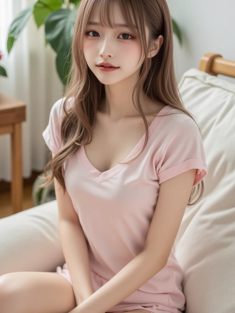 girl sleeping、22 years old、逼真、Wearing pink pajamas、Has black hair。insertion、Female genitals、????????????、touch and play、Panting face