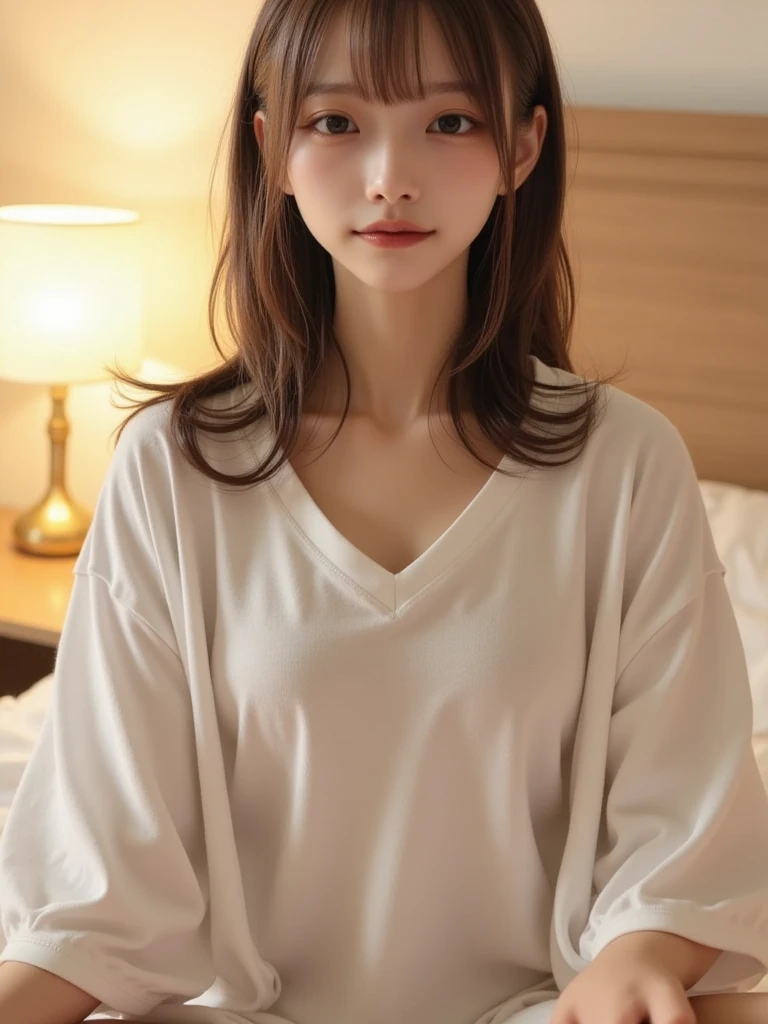 Highest quality. Tabletop, 8K, Best image quality, One Woman, A perfect V-neck long knit light yellow sweater, Waist to upper body shot, (I'm looking forward to), Red eyeshadow, Perfect Makeup, Long eyelashes, Ultra-high resolution glossy lips, Ultra HD, ((Facing forward)), Cute face, Brown Hair, Very short straight hair, Look at me and smile, clavicle, Accurate anatomy, Face close-up, The most atmospheric and warm lighting, Blurred Background, ((View your viewers))