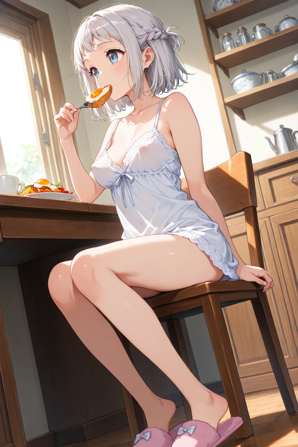 (from above:1.2),a girl , purple color hair、Purplish pink eyes that dreamers desire, (Blonde hair) , small stature, Colossal tits, Lori, (masutepiece:1.2, Best Quality), (finely detailed beautiful eye: 1.2), (beautifull detailed face), (perky chest:1.1), (pointed chest:1.0), (cakes magazine cover:1.3),(Best Illumination, extremely delicate and beautiful), sexy pose,make a cocktail , in a bar counter, ((Cinematic Light)), Dramatic light, (Pale white background:1.5), Short bob hair(1:3)、Ultra Contrast、Braid a little around the ears, White long dress、only has 5 fingers、Her pussy is visible through the white thong、Wet pants、You can see inside your underwear、full of sweat、mocking look、diaper、nffsw,Arms crossed、grab the arm、Shoot from above:1.2,Best Quality、Large breastuscular pussy、Pubic hair,high-level image quality、hightquality、8K,perfect hand、5 fingers、finger pin、Perfect Finger、T back,noise cut、bullet hand、Her hair color should have been a brighter purple.The skirt part is also carefully expressed..、Purple skirt、the skirt is floating in the wind、Dark purple panties、thin Pubic hair ,(with sparkling eyes and a contagious smile),open mouth, highest quality, high resolution,Real World, Natural light,perfect Natural light, Looking at Viewer,