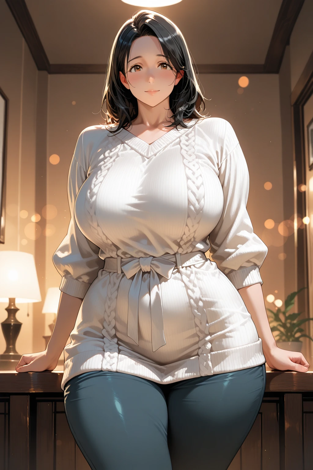 score_9, score_8_up, score_7_up, source_anime, 1boy, 1girl, mature female, mother and son, kid, smile, looking at viewer, The mother is sitting, son is clinging on mother, white dress, from behind, (focus on her hips)