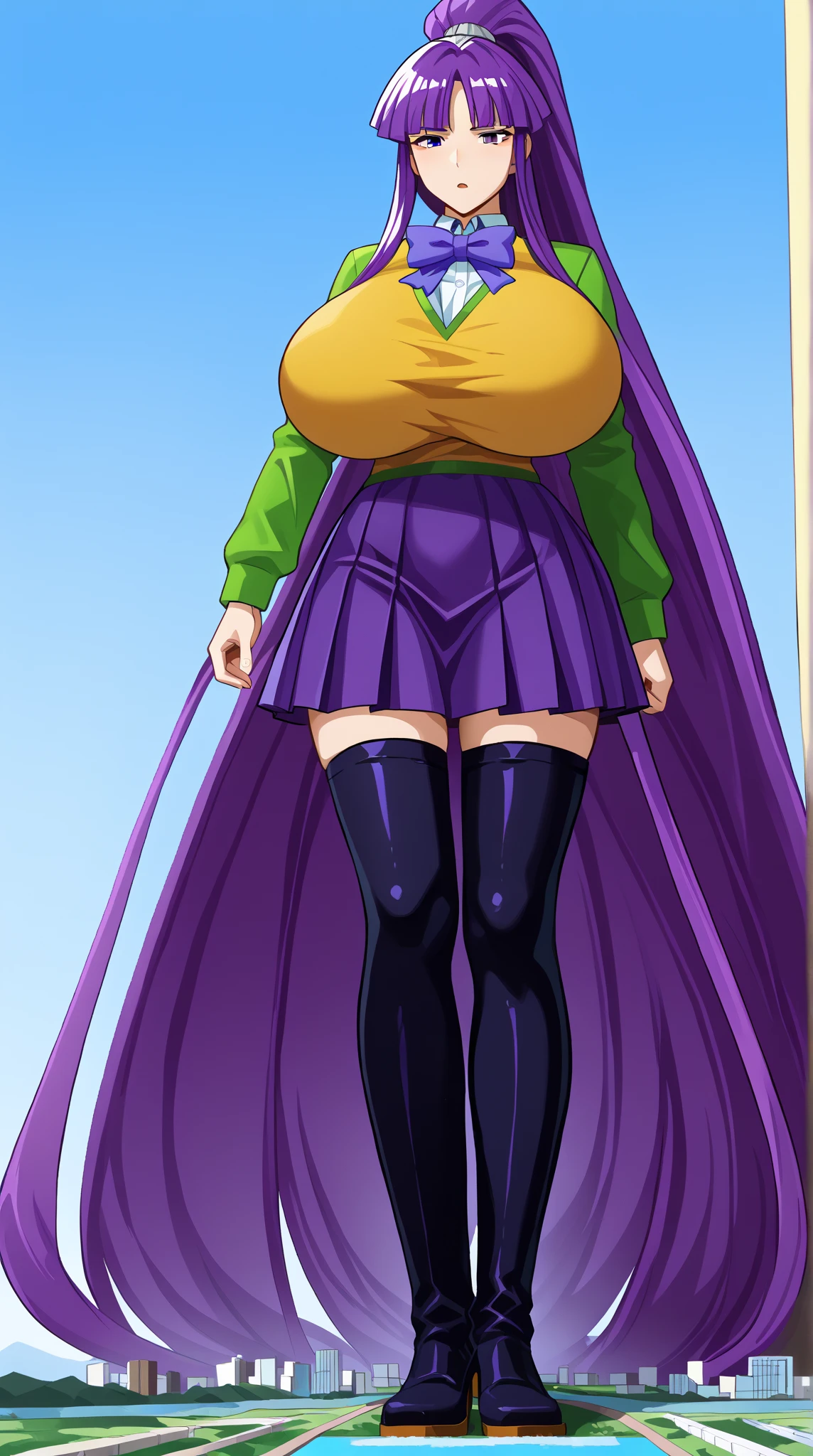 1 girl, super wide hips, super large butt, thicc, green skirt, white belt, purple boots, purple jacket, long green hair, green earrings, super large breasts, masterpiece, green eyes, dark green hair, highres, super large thighs, ass focus, thicc ass, super large hips, One Piece, smug, curvy