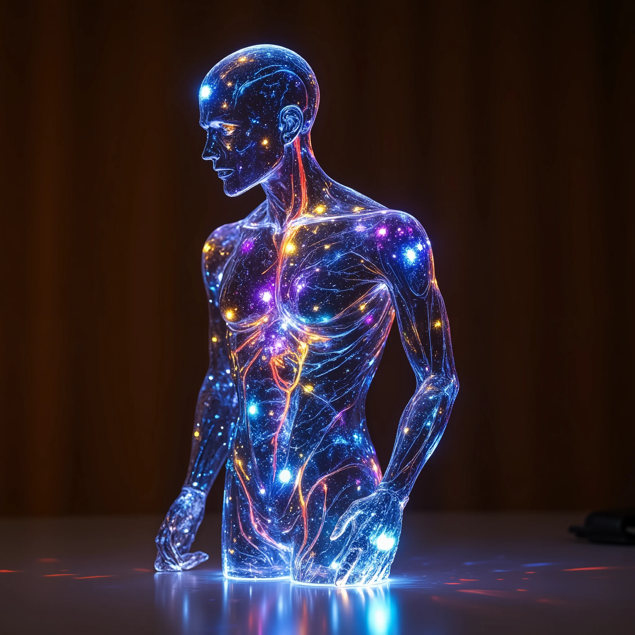 DonMSp3ctr4l, transparent, transluscent, spectral,  male tribal leader, virtual constructs, digital entities existing purely in virtual reality, taking on various forms and functions, late twenties lithe, native hawaiian, ruby red eyes, unique ears, aquiline nose,  unique jaw,  unusual forehead, diamond face shape, graceful eyebrows,  dimples, ash blonde textured crop hair, hope, relaxed rest, character sits or leans against a surface, looking calm and at ease,  wearing  quantum-powered dance leggings,  holo-foil cape, virtual reality soccer cleats,      electroluminescent choker , conducting an otherworldly orchestra, harnessing the power of music, corporate cyberpunk