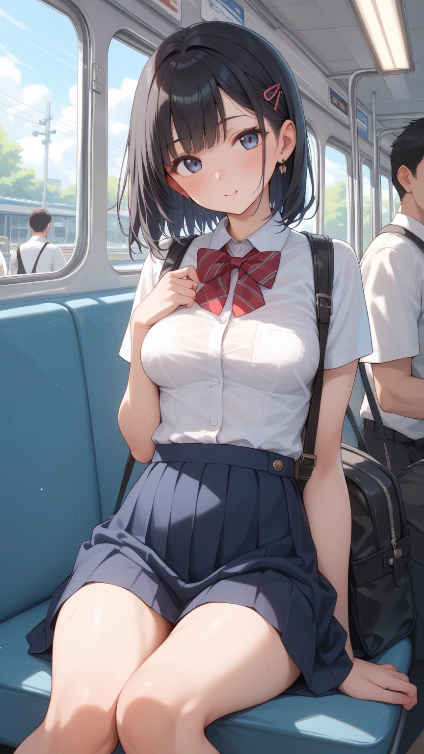 table top、High resolution、2 people、2 peopleの女の子、twins、2 peopleの可愛い女の子、big and full breasts、naughty body、underwear only、see-through、pink lingerie、throw、sit on the seat、Looking up at me、confused face、blush、black pantyhose、The shape of a woman's private parts is clearly visible、nipples are visible、navy checkered skirt、micro mini skirt、very short skirt、trainの中、train、molestation、A man touches my body、a lot of people、in the crowd、man sitting next to、A man also touches my thighs、open your legs、no panties、Pick up your clothes、Naked breasts、