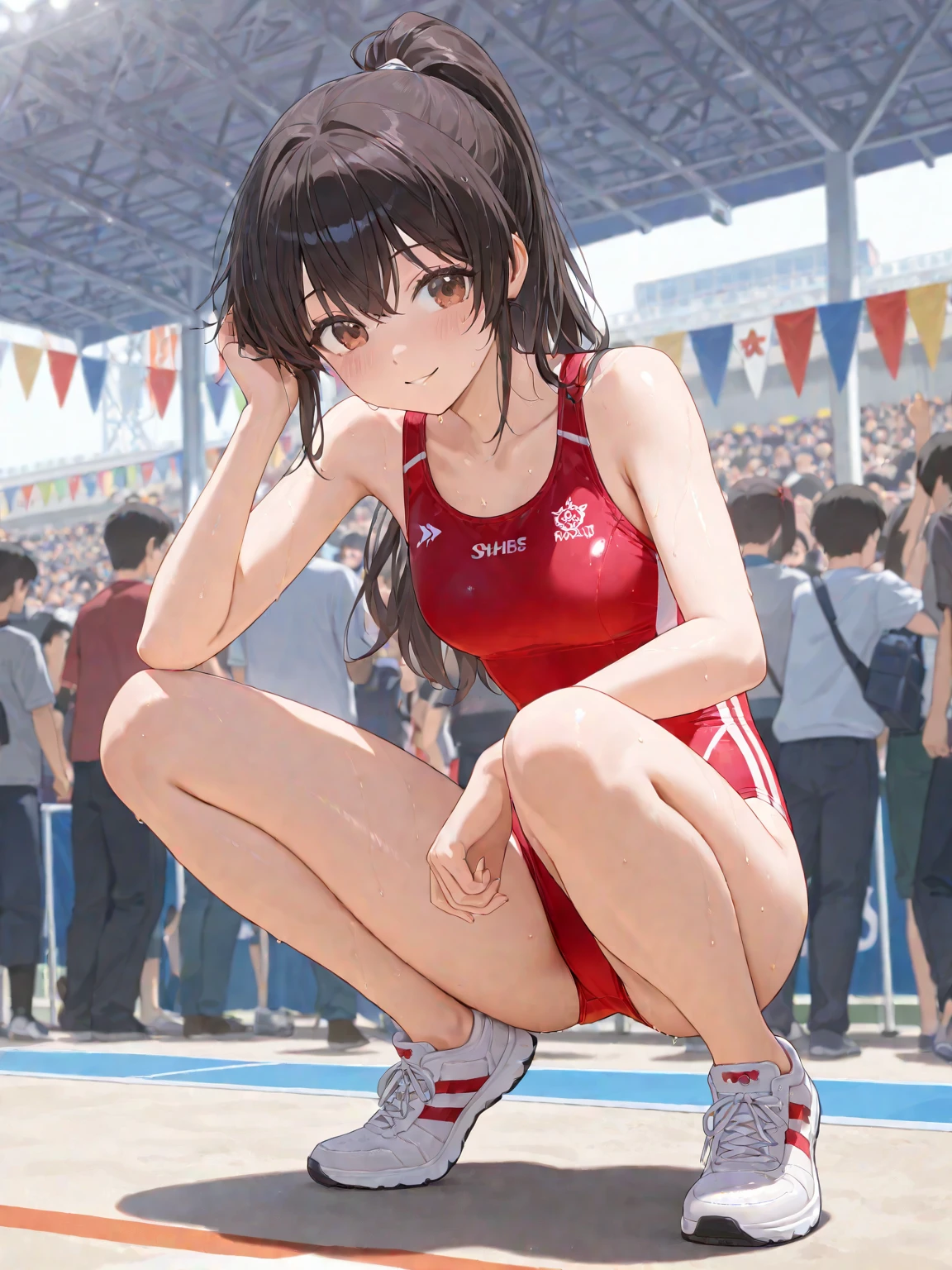 top-quality、lighting like a movie、 One girl in red sports bra and sports panties、small tits、Slender Line、Sitting in the sandbox and spreading your legs、Background with:stadium、Painful face、Tall、small tits、full of sweat、A dark-haired、tiny chest、small ass、