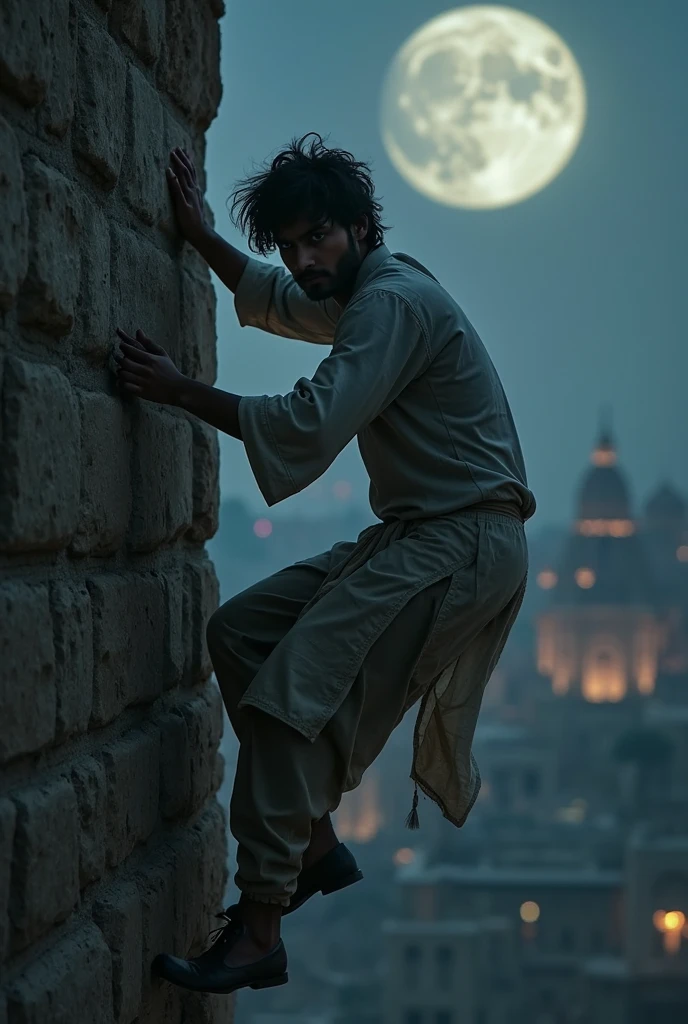 An indian man escaping from a prison in the night  a clear blue night sky in background 