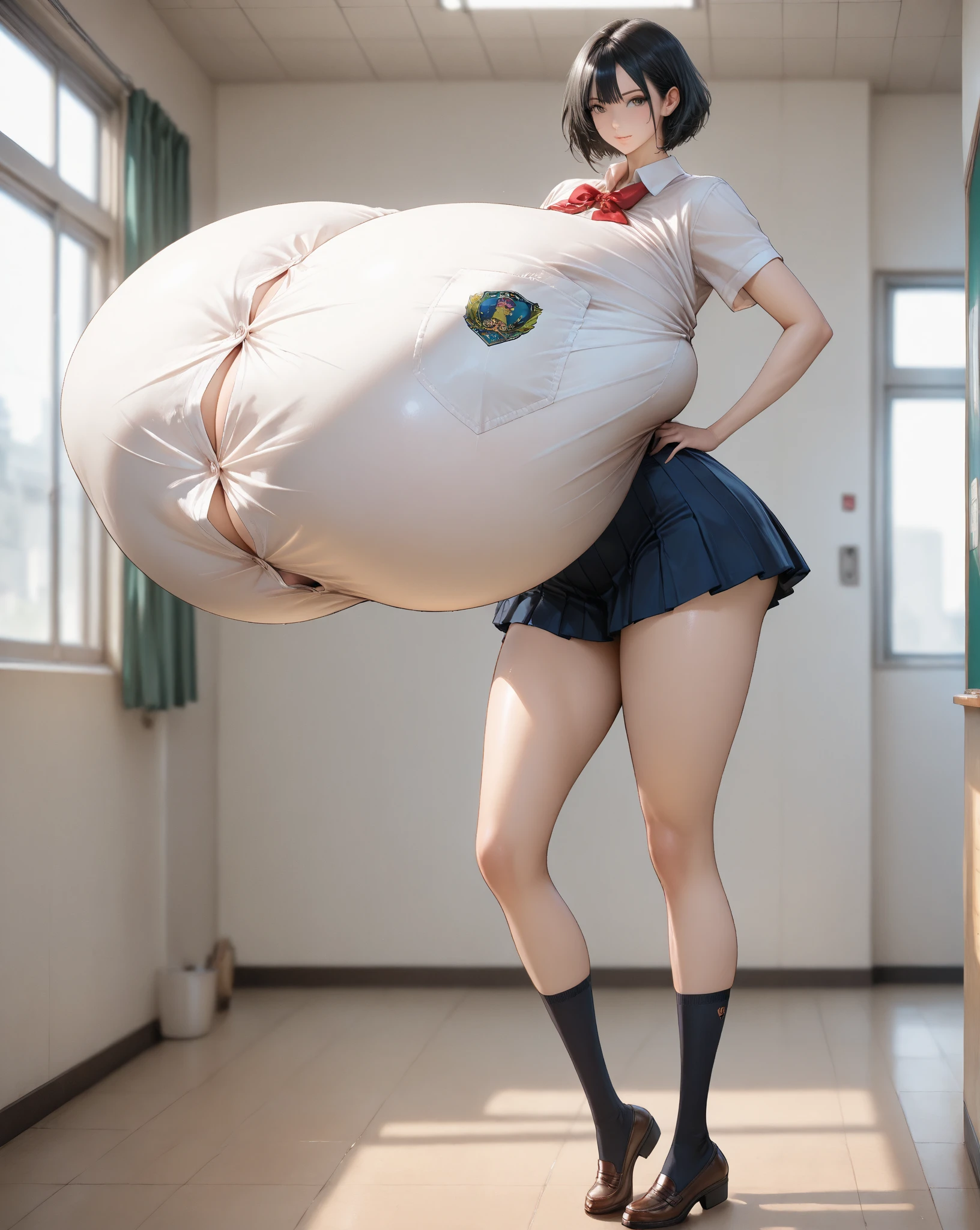masterpiece, best quality, ultra highres, solo, (skinny body, thin body, narrow hip:1.3), narrow waist, skinny thighs, red eyes, sparkling pupils!, white hair, braid, hairclip, (gigantic sagging breasts:1.3, extra gigantic breasts:2.1), (Extra long leg:2.0) , (skinny long legs:1.5) , (extremely tall:2.2), (school uniform, dress shirt, pleated skirt:1.7 , mini skirt:1.7), short sleeve shirt, sneakers, bow, classroom, cowboy shot, standing, , bashful, full body ,surprised!,from side