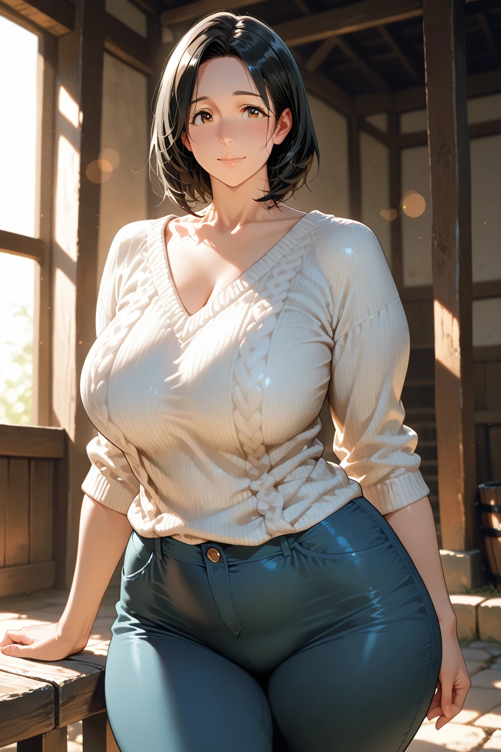 1woman, perfect hands, perfect hair, perfect body, perfect arms, perfect ass, perfect waist, perfect hips, perfect legs, medium breasts, big ass, slim body, slim, skinny, thigh gap, succulent butt cheeks, midriff, slender legs, tan skin, tanned skin, wearing black wool sweater, wearing big brown belt, wearing light blue jeans, black hair, short ponytail, sideswept bangs, green eyes, long eyelashes, luscious eyelashes, hands on hips, smiling, closed eyes, standing in wooden house, anime, japanese animation style, beautiful illustration, highly detailed, manga art, featured on pixiv