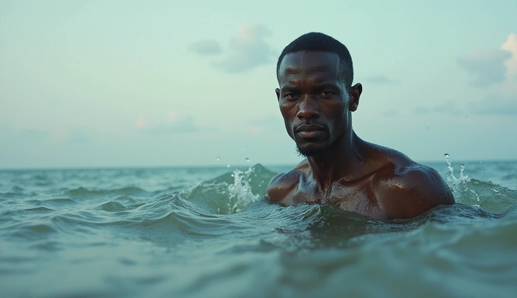 A fit handsome naked and muscular black man, bodybuilder physique, red swim briefs, a diver swimming in a vibrant underwater setting, full body image, seen from above