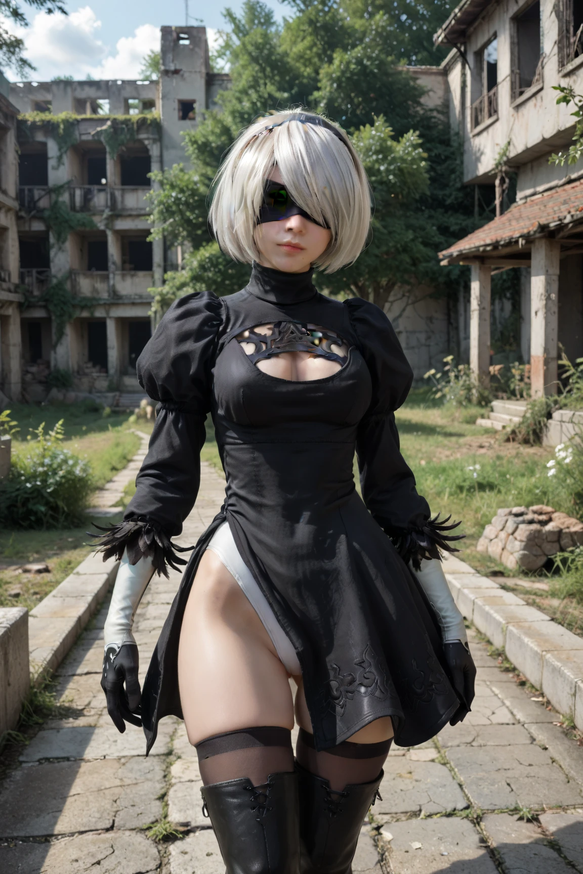 8k, ultra realistic, masterpiece, best quality, ultra detailed, beautiful face, beautiful skin, photorealistic, (professional lighting:1.2), nier_automata, 2B, yorha_no._2_type_b, (((no blindfold))), white hair, short hair, black_dress, black_hairband, robot_joints, android, cyborg, clothing_cutout, light smile, pearl necklace, looking at viewer, (((cowboy shot))), focus on face, ultra sharp, on street in business district, ultra detailed photo background, (((on a crumbling cot in the ruins of the near future)))