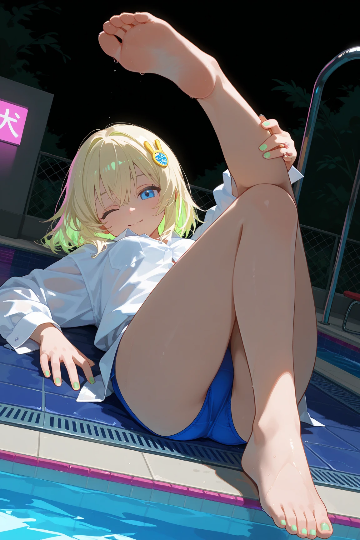 A girl in a swimsuit grinning with her legs spread