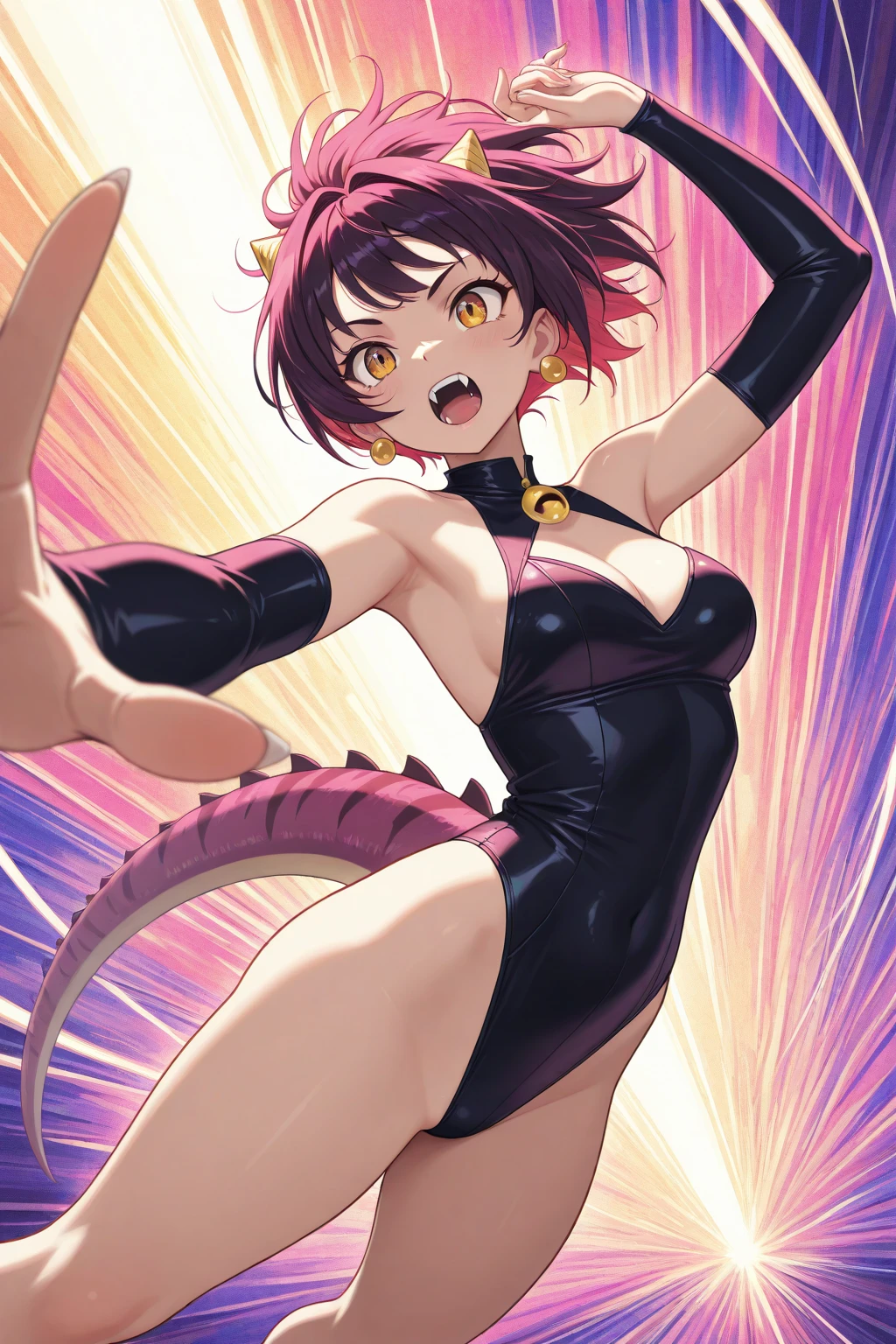 A cute woman in a sexy costume as a dinosaur, playful, dancing, on stage at a ladyboy bar in Bangkok. she is loving the attention