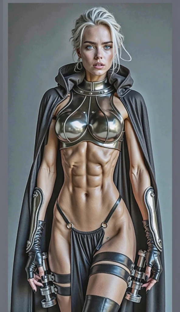 (masterpiece, best quality, plain background:1.2) full body standing height straight symmetrical looking to the viewer, view from below, cowboy shot, extremely long hair, ponytail, perfect anatomy 1girl tall solo, slim thick, ((muscular)) high female toned body, silver breast plate, blue cape, slender abs, hourglass waist, detailed face, defined cheekbones, puffy lips, gauntlets, gold crown, shadow over eyes, white thigh highs lingerie