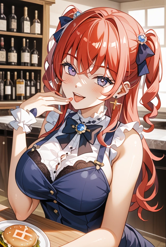 masterpiece, best quality, highly detailed background, perfect lighting, best quality, (extremely detailed face), volumetric lighting, intricate details, shadow, tonemapping, sharp focus, hyper detailed, trending on Artstation, (solo) ((Looking at the viewer)) (long red hair) (Hair over face) (only one eye visible) (curvy) (Big breasts) (black corset) (transparent skirt) (fishnet stockings) ((Blue eyes)) ((human)) (sexy pose) (in the bar) (smile)