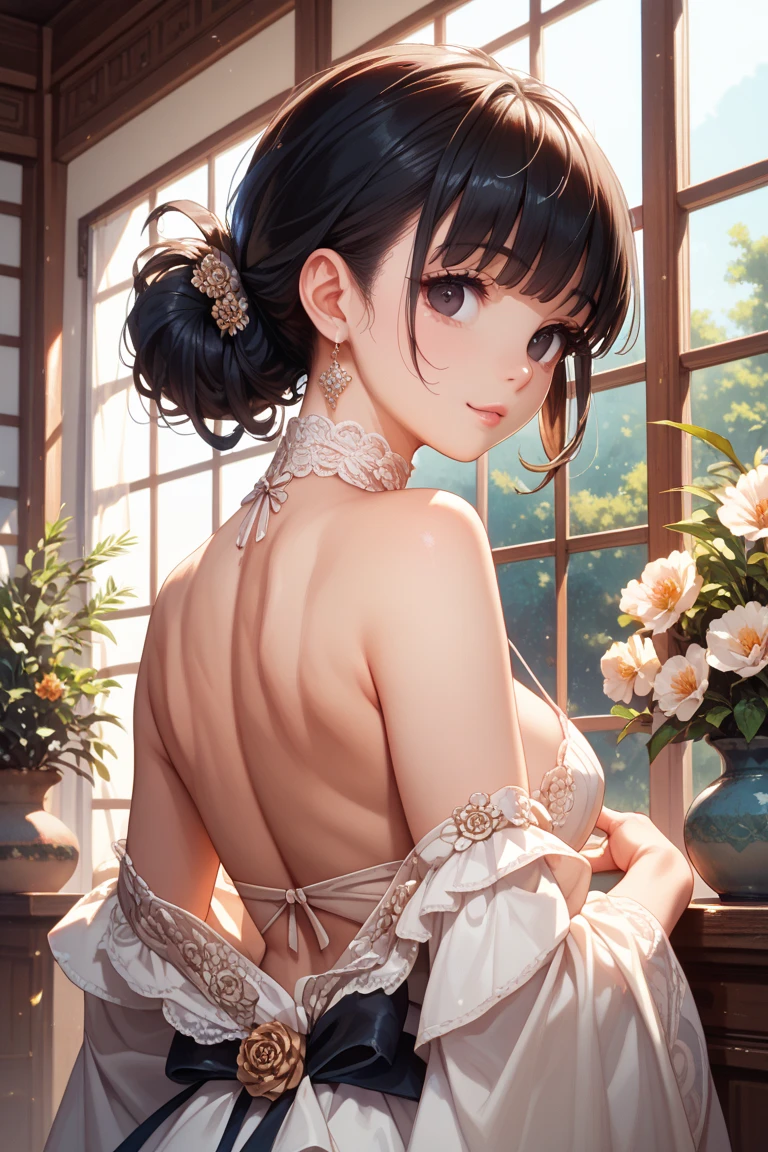 (A masterpiece of image quality in 8K),(Beautiful Allafed Woman),(((emphasizing breasts:1.3))),(Dynamic angles),(Dynamic and sexy bending pose:1.3),(sit a chair:1.3),(Short hair in shiny silver and orange inner colors,large full breasts,Disturbance of clothing due to movement,breast slip,(Ponytail twisted buns adorned with elaborate braids and beads,Braided Setup Fishbone Hair,),(see-through bangs),Huge breasts、(((A white lace apron that shows your bare skin from under your big breasts.......)))、Blush with embarrassment、Enraptured eyes、A smile that beguiles the viewer、(Look back:1.7)、Look into the photographer,skin glistening with sweat,gazing at viewer,,(Professional Lighting),(8K,masutepiece,top-quality,Ultra-high resolution output image,),(Ultra HD with complex detail image modes),depth of fields,Beautiful hands,Beautiful fingers,Detailed finger features,(Detailed hair features:1.7),detailed facial features,detailed clothes features,