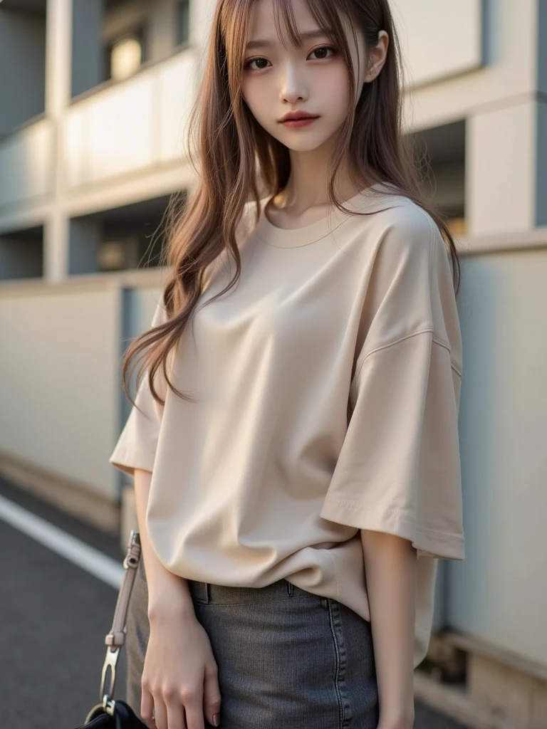 (photographed:1.2)、(Photorealsitic:1.4)、(masterpiece:1.3)、(top-quality:1.4)、超A high resolution、(A detailed eye)、(detailed facial features)、(detailed clothes features)、8K分辨率、solofocus、bangss、Double eyelids、Beautiful lips、toned legs、(Slender girl)、(a japanese girl)、(Japan Faces)、1 girl in、Slim Beauty:1.3、brown haired、Delicate hair、(Colossal tits:1.2)、Daikanyama、Street、Realistic body、de pele branca、glistning skin、Slim body、(short-hair:1.2)、(bangss: 1.2)、Bruises and ugly face、kawaii faces、Lifelike face、Delicate body、(Detailed Cafe)、Street fashion、(Wear a stylish jersey with attention to detail:1.5)、Terrace seating、stunning lighting