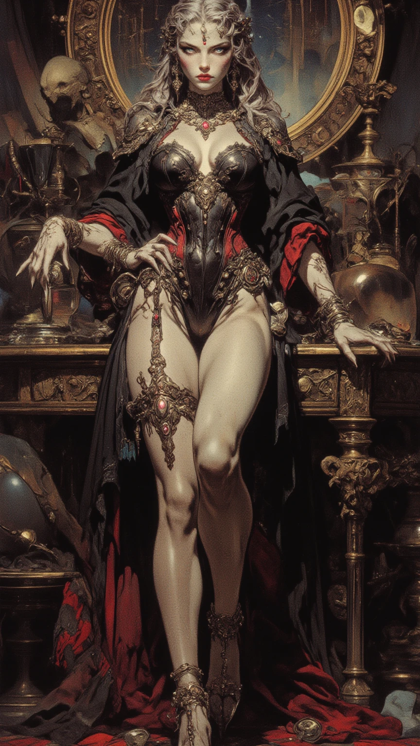 NSFW, best quality (4K, high resolution, masterpiece:1.2), ultra-detailed, realistic (photo-realistic:1.37), Eira, the Red Queen of Wrath, mesmerizing enchantress, portrait, standing with a captivating red velvet gown, alluring yet intimidating gaze, hypnotic, demonic eyes, poised stance, flowing fiery red hair with flickers of hellfire, intense and ominous aura with a hint of darkness, pure red color scheme, sharp focus, perfect, ominous lighting, confident, sinister demeanor, intriguingly wicked smile, powerful wrath magic and sinister energy radiating from her eyes, war-torn landscape with a dark, foreboding background, entrancing yet eerie atmosphere, inspired by fantasy art and dark mythology, emphasizing her allure, fury, and malevolent charm, meticulous attention to facial details showcasing her stunning beauty, elaborate, warlike costume design, striking visual impact, expressive yet wicked facial features, supernatural elements blended with a sinister reality, (exceptionally detailed:1.3), super finely detailed and clawed hands, ultra finely detailed fingers (ten fingers), suggestive, intimidating posing, full body showcase, no logos in the background.
