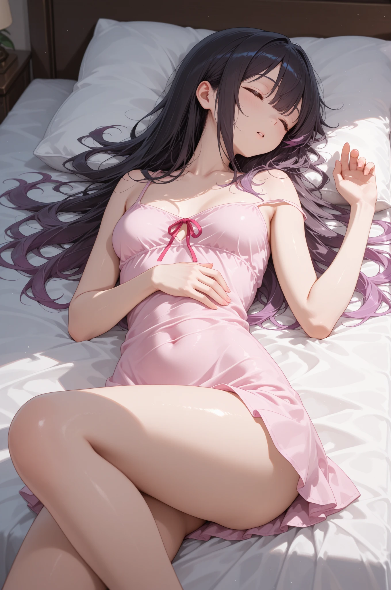 Best Quality,High resolution,8K,finelity detailed background,Masterpiece:1.2),beautiful girl,Shiny purple hair,bob cut,blunt bangs,Purple Eyes,Gentle look,A refreshing look,smile,Best quality,Best Quality,Aesthetic and aesthetic:1.2,Best details((Super detailed))(High-definition CG illustrations),Upper Body, Pink underwear,(pink intricate lace),Slender body,morning,sunlight,Bedroom,On the bed,smile,blush,cute,Scrounge,Looking up,Being spoiled,super model,wariza,shoot from,below