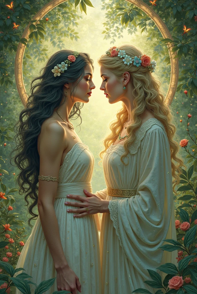 a painting of two women in a forest with flowers, goddess of love and peace, hindu art, godess, indian art, beautiful depiction, beautiful godrays, goddess of love, profile pic, the goddess of love, devainart, from ramayan, by Jitish Kallat, goddess art, kiss, painting of beautiful, shiva, beautiful goddess