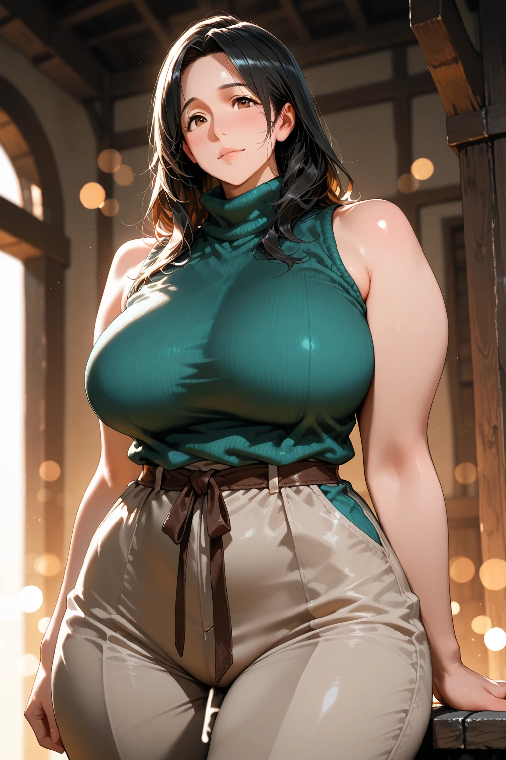 masterpiece, highres, best quality, absurdres, realistic, photorealistic, official, 1girl, solo, satonocrown, side ponytail, horse ears, horse tail, sleeveless, elbow gloves, shorts, pantyhose, bare shoulders, captivating smile, huge breast, chubby, plump, belly, wide hips, cowboy shot, night city,