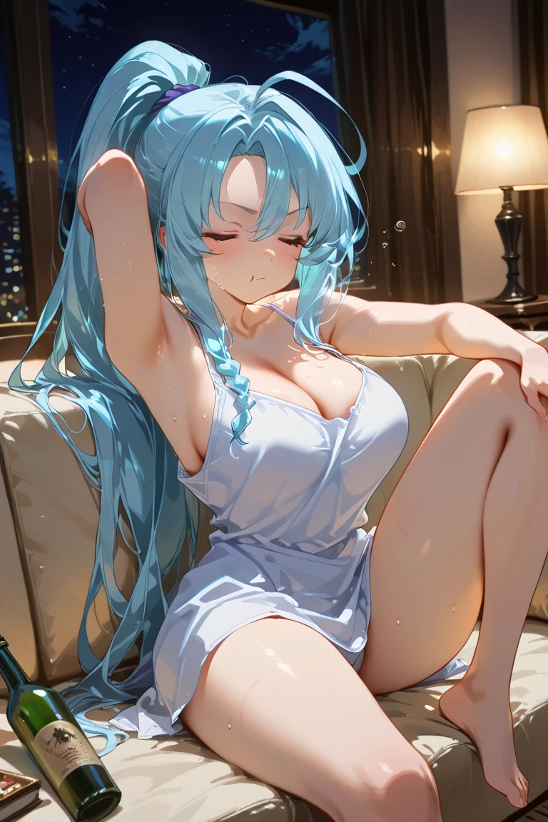 Anime, female, light blue hairs, yellow eyes, long hair, massive boobs, short dress, thigh, bare shoulder, collarbone, sitting, looking at viewer, in building, white dress