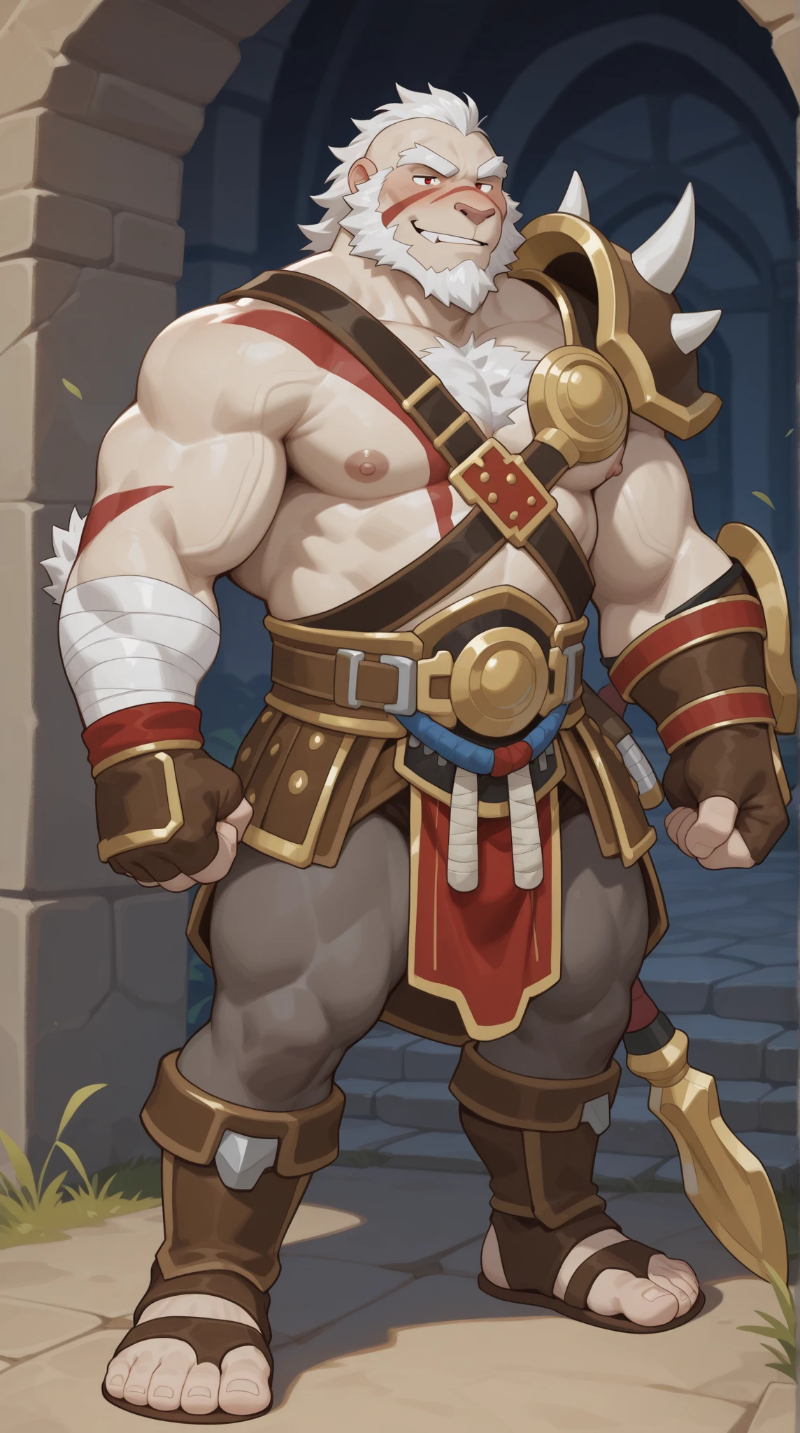 A burly, virile, and hairy dragon, exuding the irresistible charm of a himbo muscle daddy. His middle-aged features, adorned by a long, bushy beard and a thick mustache, reveal a life of experience and adventure. His body, sculpted  into a warrior's build and a bodybuilder's physique, is a testament to his unyielding dedication to physical fitness. The hair on his chest and belly forms a carpet of thick fur, while his hairy arms and legs are adorned with a natural, untamed layer of hirsute. Every muscle on his overmuscular and musclebound frame is defined and bulging, veins pulsing beneath the surface, hinting at his incredible strength. Despite his advanced age, his grey hair only adds to his handsome and dreamy appearance.