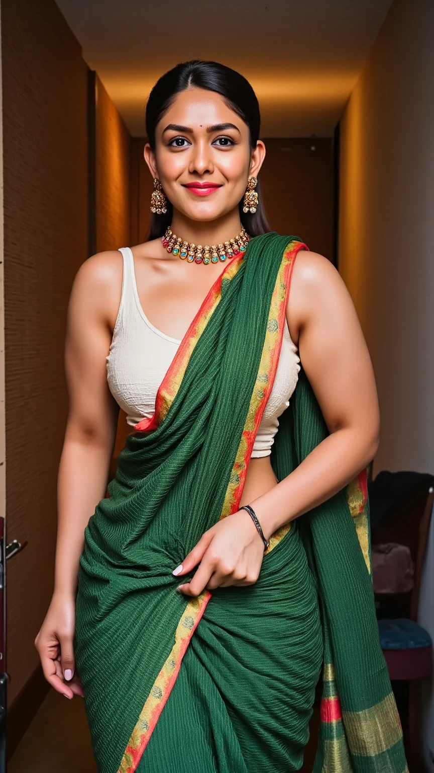 extreme close up photo of naked indian, big cheeks, hourglass figure, curvy, standing in office, red lips, nerd glasses,big , necklace, sultry, green saree, look at viewer and subtle smile, (cinematic:1.3), intricate details, (ArtStation:1.2)